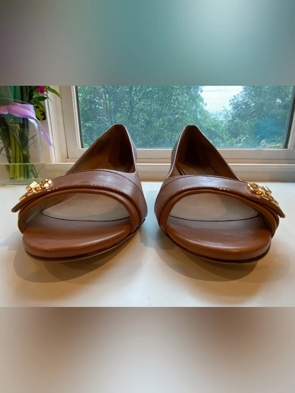Tory Burch peep toe in camel with wood grain wedge